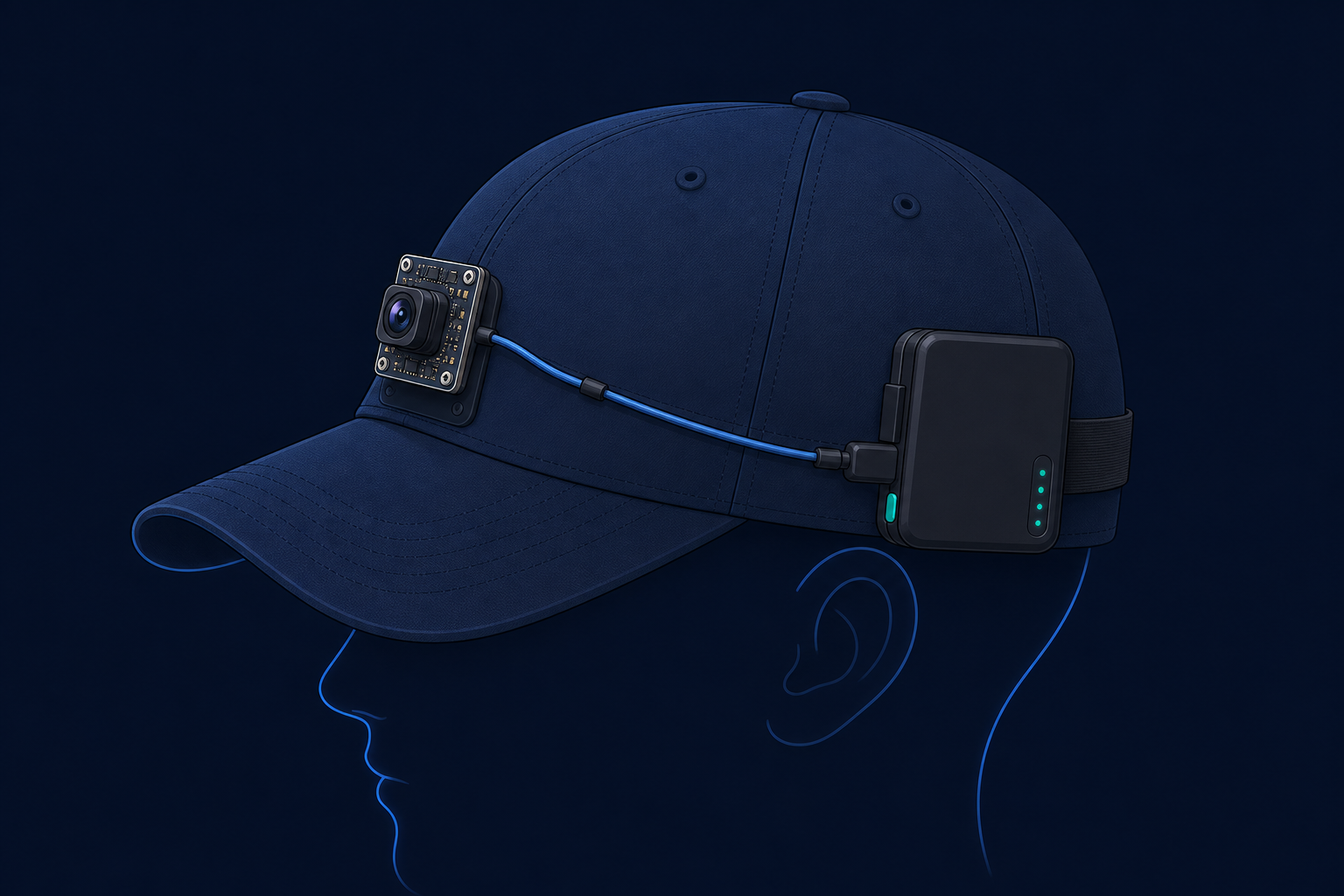 BEACON smart cap with ESP32-CAM module and battery pack mounted on a baseball cap
